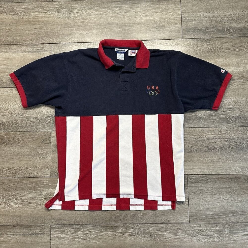 Vintage Champion Olympics Champion Polo Shirt Sz XL USA Team Blue Red white